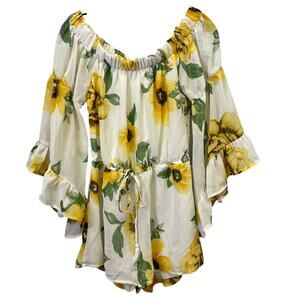 Hint of Blush Small Off Shoulder Sunflower Ruffled Bell Sleeve Polyester Romper